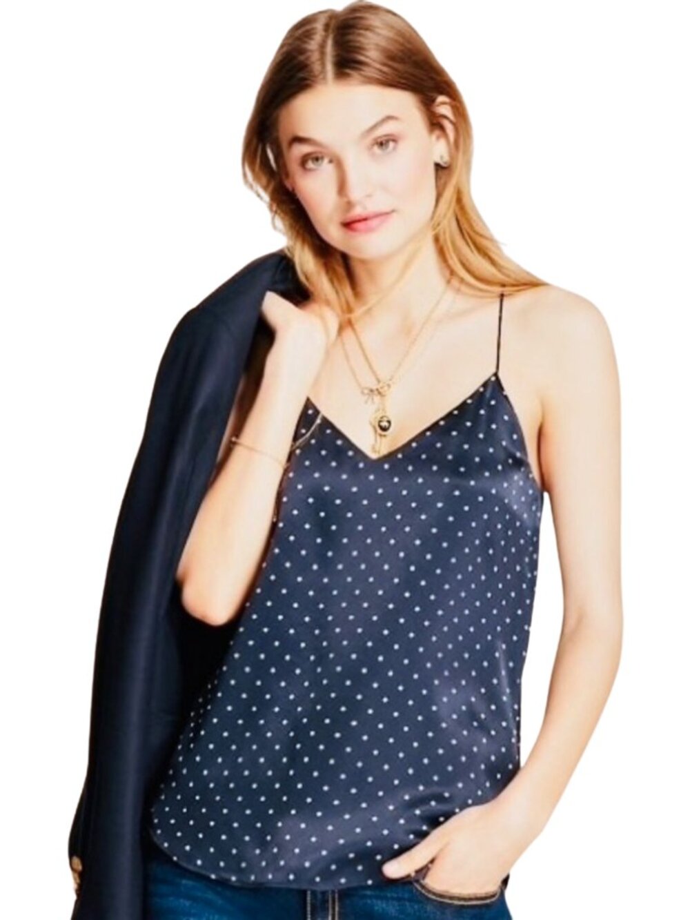 Brooks Brothers Silk Polka Dot Camisole Tank Top Minimalist Quiet Luxury Navy M